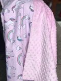 Baby crib Blanket | unicorns and rainbows fabric ~ baby girl pink blanket ~ Cotton minky ~ baby gift ~ 36" infant baby shower gift