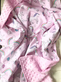 Baby crib Blanket | unicorns and rainbows fabric ~ baby girl pink blanket ~ Cotton minky ~ baby gift ~ 36" infant baby shower gift