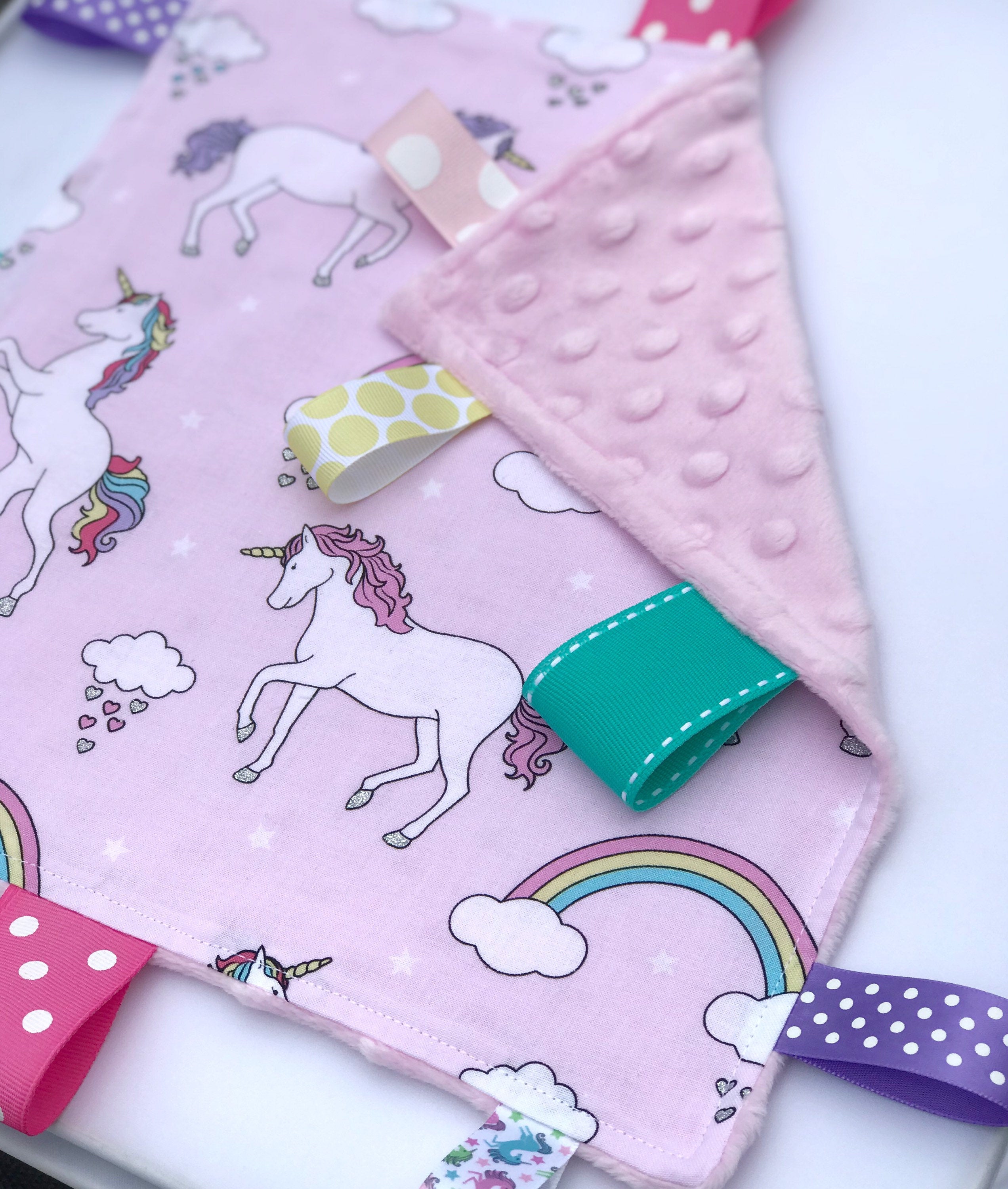 Unicorns Baby girl Baby sensory lovey | crinkle option | pink fabric | can personalize | baby shower gift | choose minky