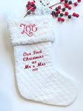 Our First Christmas as Mr and Mrs stocking, set of 2 personalize lined quilted and Minky, 18” heirloom wedding shower gift, newlywed gift