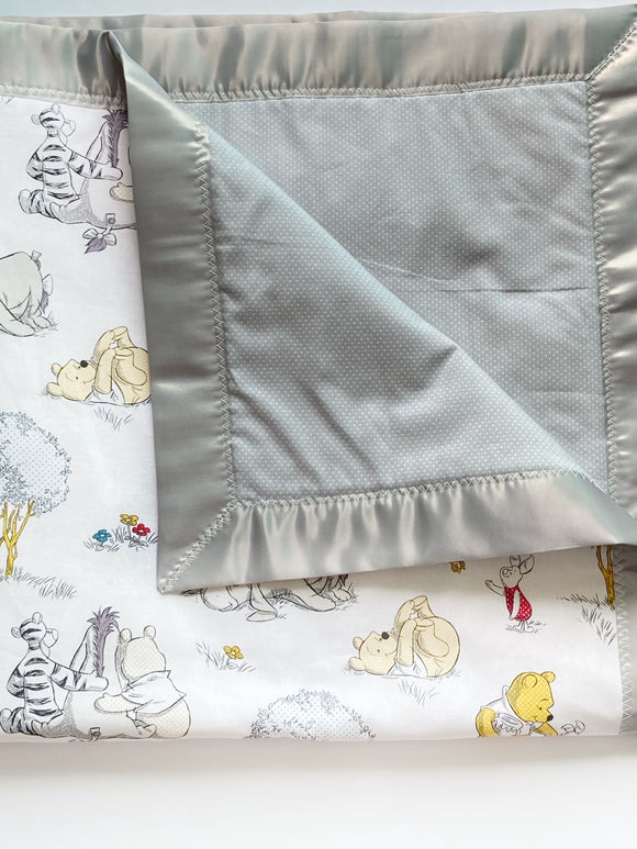 Winnie the Pooh Baby crib Blanket ~ gender neutral blanket ~ Cotton ~ satin binding - baby gift ~ personalize ~ gray dot backing