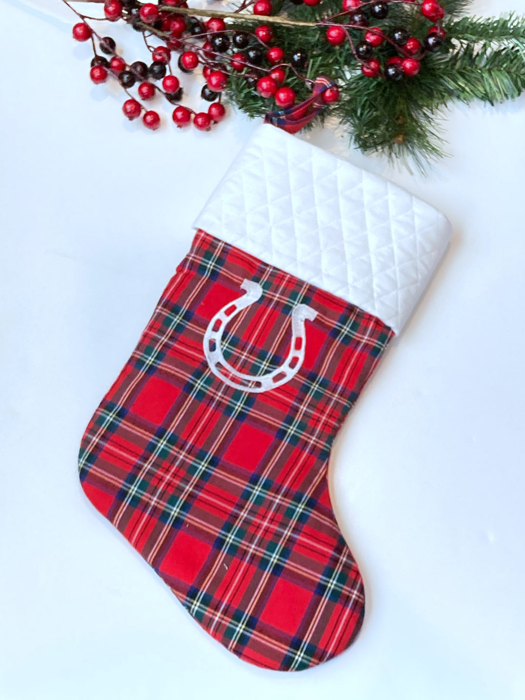 Horse Pony Christmas stocking choose horse print, Buffalo or red plaid, personalized stocking fully lined, embroidered horseshoe, 18”