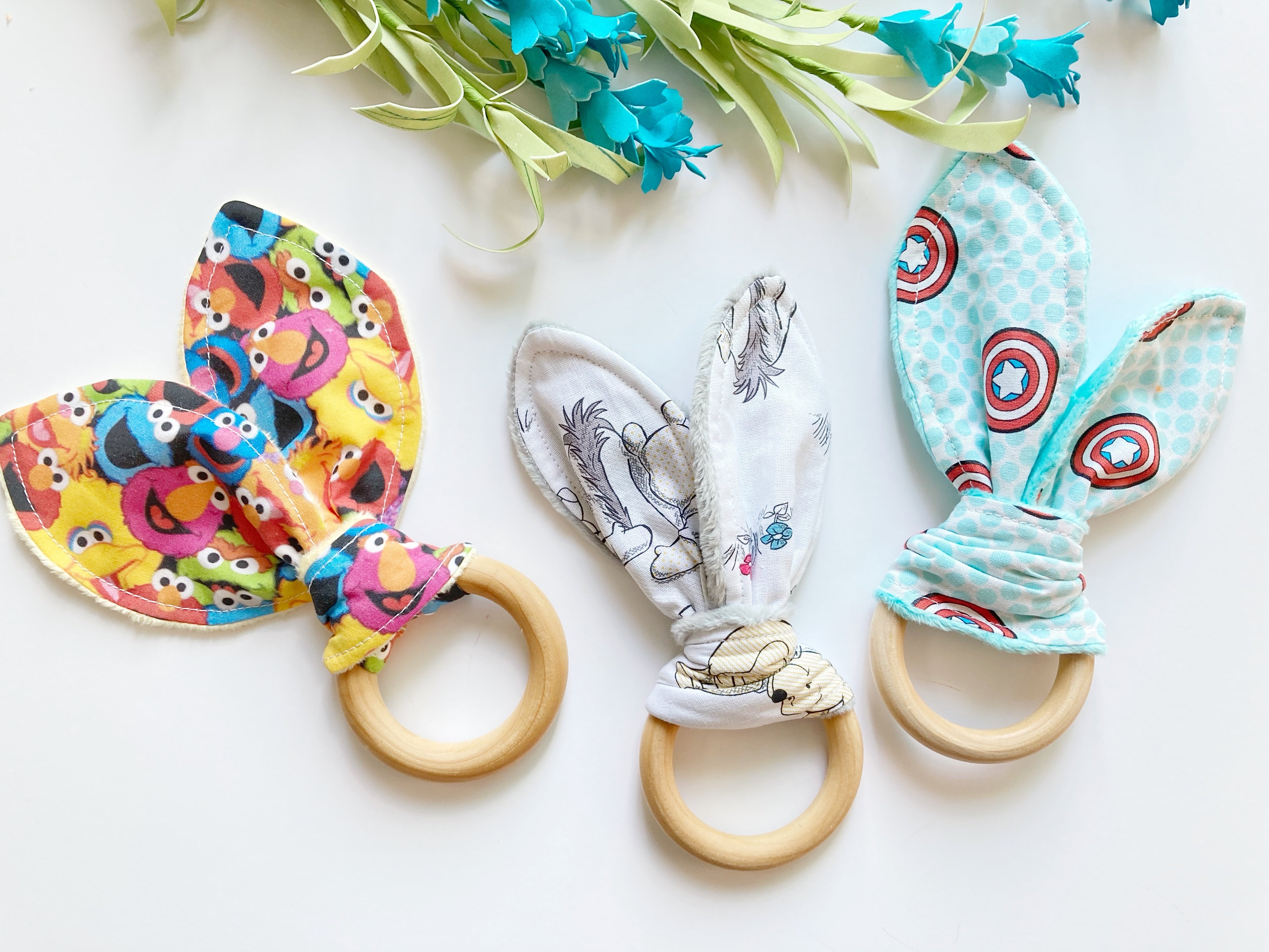 Baby bunny ear wooden ring teether with boho floral leopard Winnie the Pooh and more cotton fabric options with soft minky on reverse side, 2.75” baby safe wooden ring