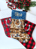 Horse Pony Christmas stocking choose horse print, Buffalo or red plaid, personalized stocking fully lined, embroidered horseshoe, 18”