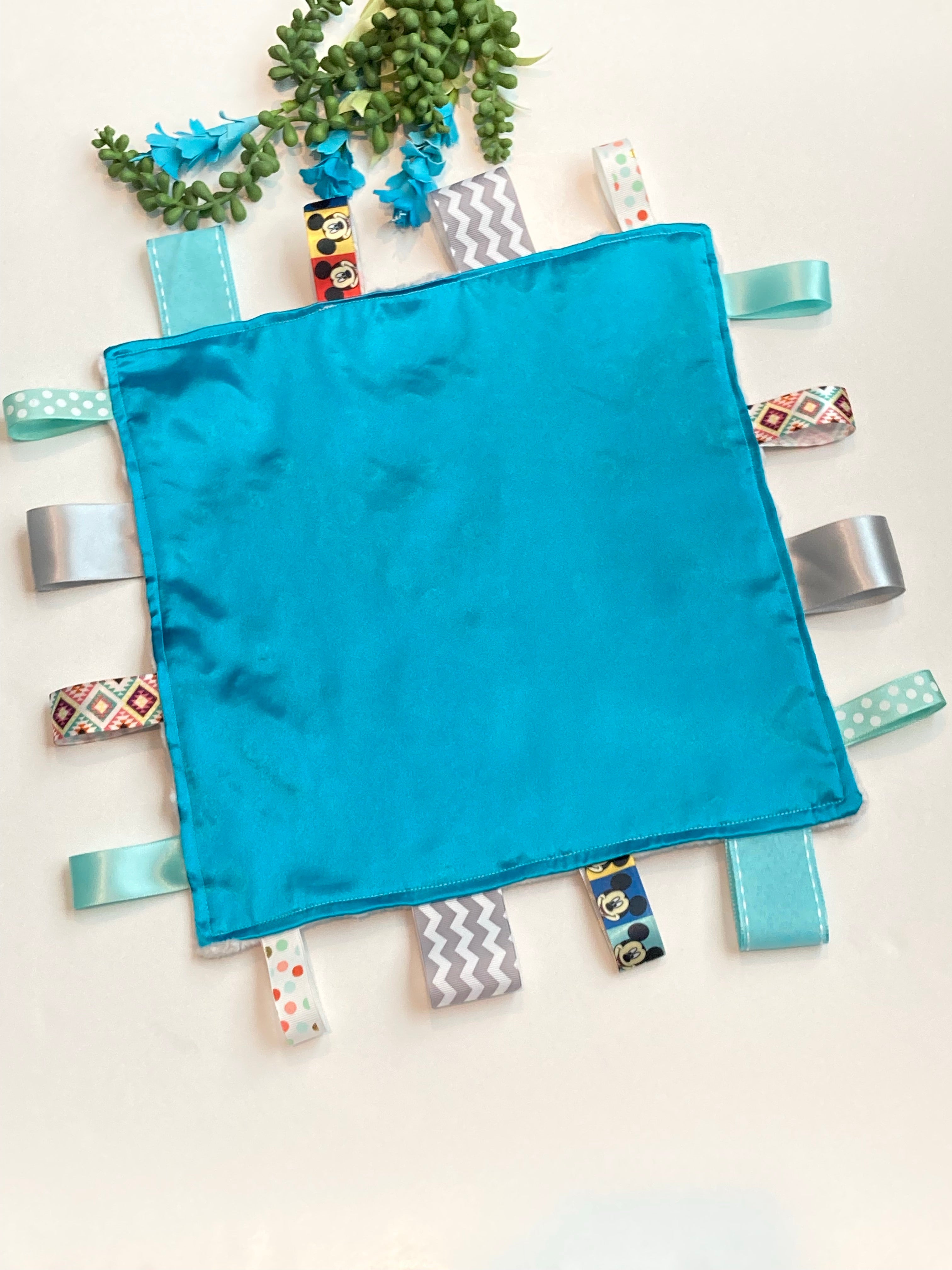 Satin and minky sensory 12" lovey with ribbon tags for sensory comfort or toy, baby shower gift or for all ages, elders and special needs, choose colors