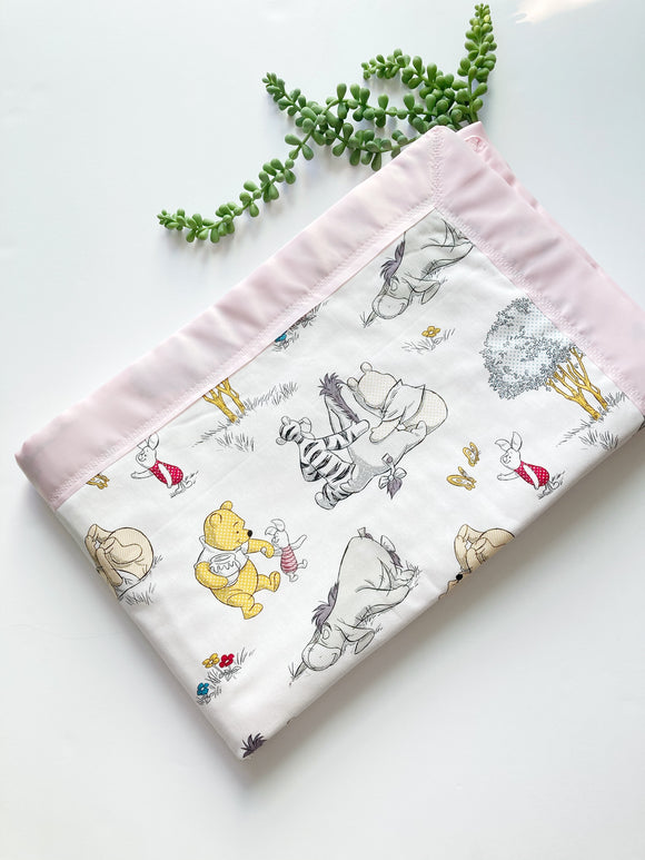 Baby crib quilt Blanket made from Winnie the Pooh fabric ~ baby girl nursery bedding ~ Cotton ~ satin binding - baby gift ~ personalize