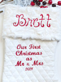 Our First Christmas as Mr and Mrs stocking, set of 2 personalize lined quilted and Minky, 18” heirloom wedding shower gift, newlywed gift