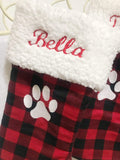 Personalized Pet Christmas stocking, buffalo plaid embroidered paw, dog cat horse, fur cuff and fully lined flannel stocking 18”