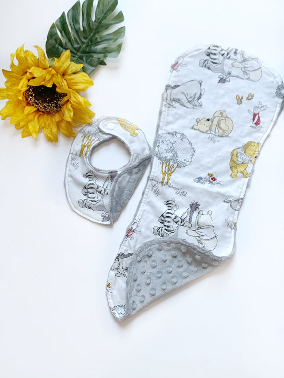 Newborn or Baby toddler Bib & burp cloth made from Winnie the Pooh fabric | gender neutral in Cotton and Minky,  baby shower gift bundle