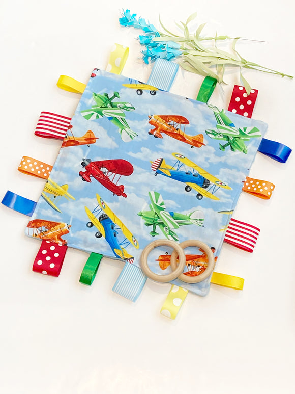 Airplanes Baby crinkle lovey Blanket, colorful biplanes, baby infant boy ribbon tag 12” lovey, Cotton minky personalize baby shower gift