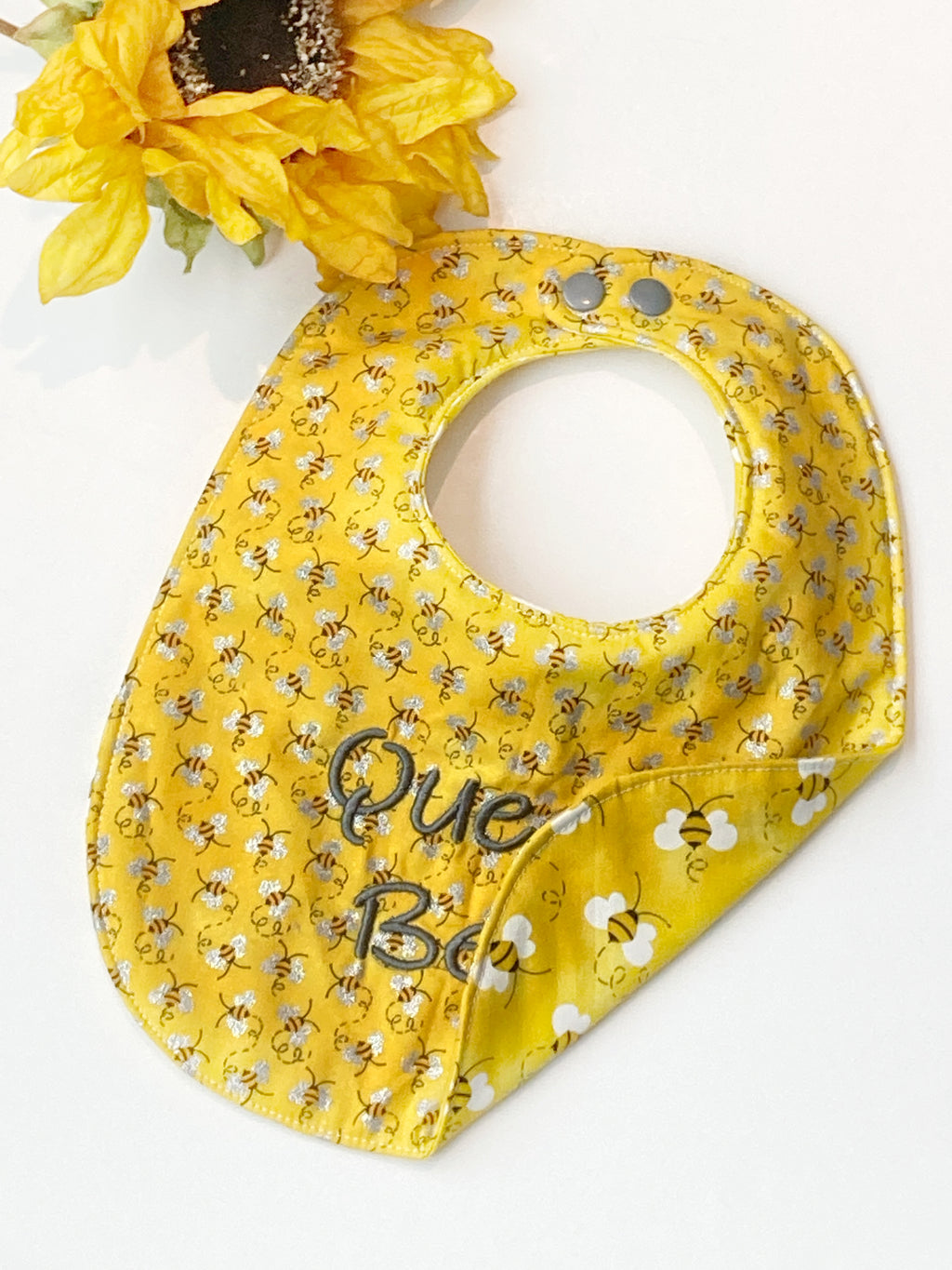 Queen Bee Baby toddler fashion bib, bee reversible Cotton, absorbable baby girl or boy shower gift, adjustable snaps