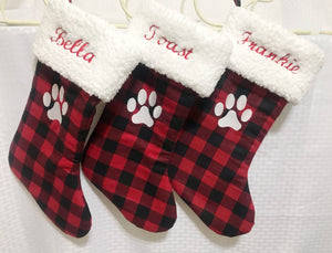 Personalized Pet Christmas stocking, buffalo plaid embroidered paw, dog cat horse, fur cuff and fully lined flannel stocking 18”