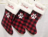 Personalized Pet Christmas stocking, buffalo plaid embroidered paw, dog cat horse, fur cuff and fully lined flannel stocking 18”