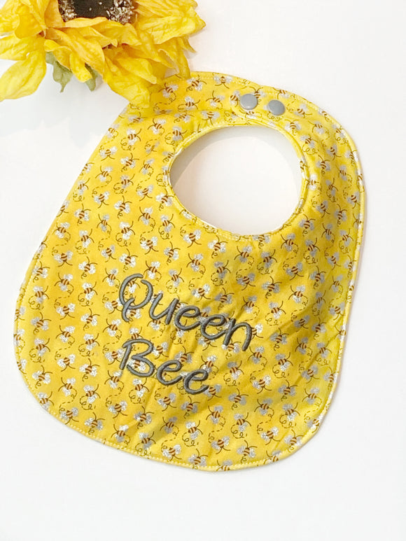 Queen Bee Baby toddler fashion bib, bee reversible Cotton, absorbable baby girl or boy shower gift, adjustable snaps