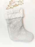 Personalized bling sequin Christmas stocking for child to adult, or pet, luxe fur cuff and fully lined, silver red blue black