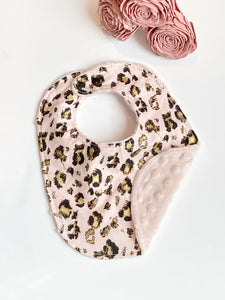 Baby fashion toddler Bib rose gold leopard, exotic animal Cotton print and blush pink minky Dot, baby girl shower gift, adjustable snaps