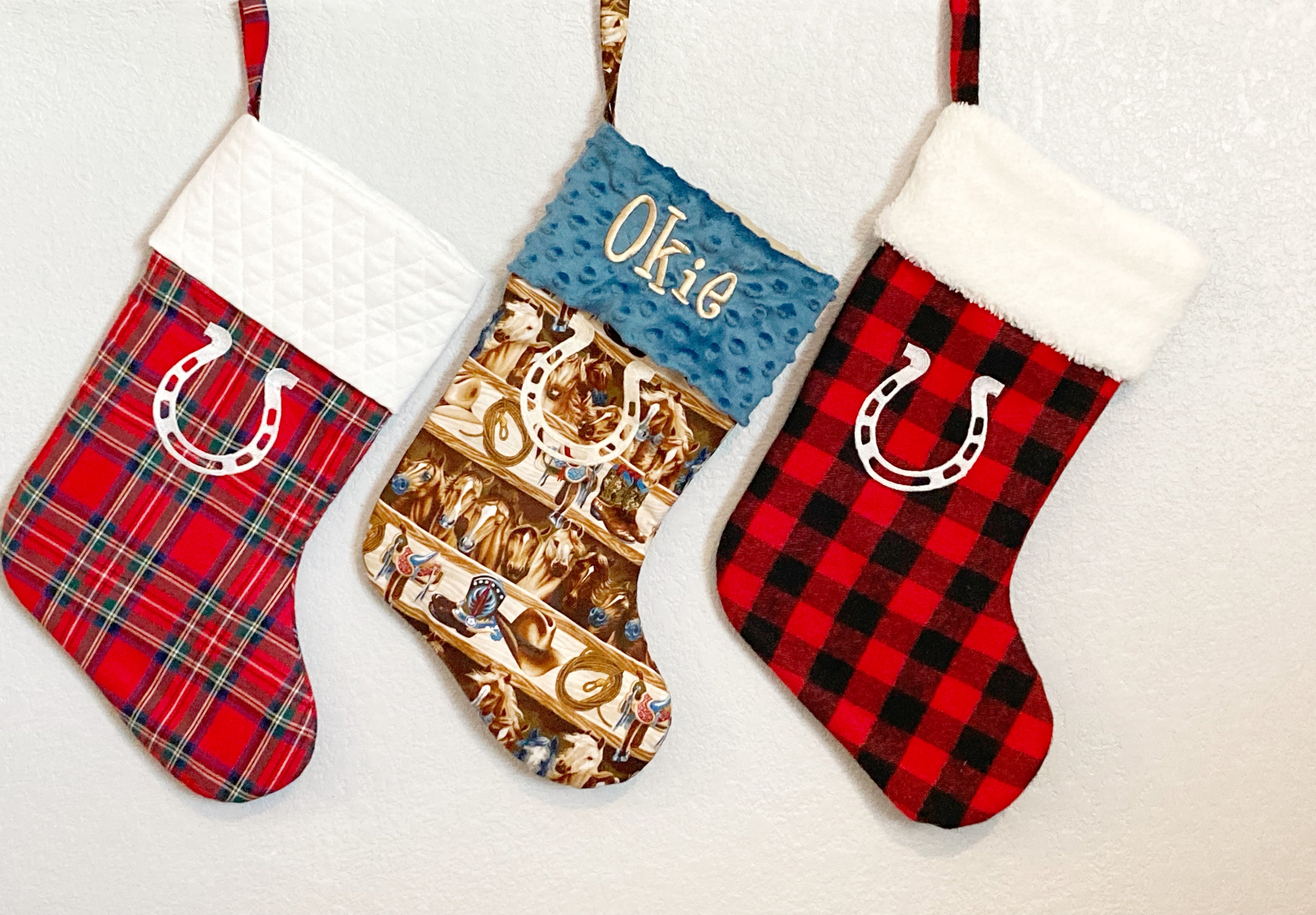 Horse Pony Christmas stocking choose horse print, Buffalo or red plaid, personalized stocking fully lined, embroidered horseshoe, 18”