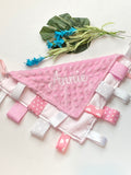 Satin and minky ribbon tag lovey Blanket, choose satin and minky colors, baby shower, birthday or christening  gift for girl or boy sensory toy 12”