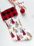 Christmas stocking/personalize option/Leopard buffalo plaid/modern style trees/buffalo plaid or leopard cuff/fully lined/16.5"