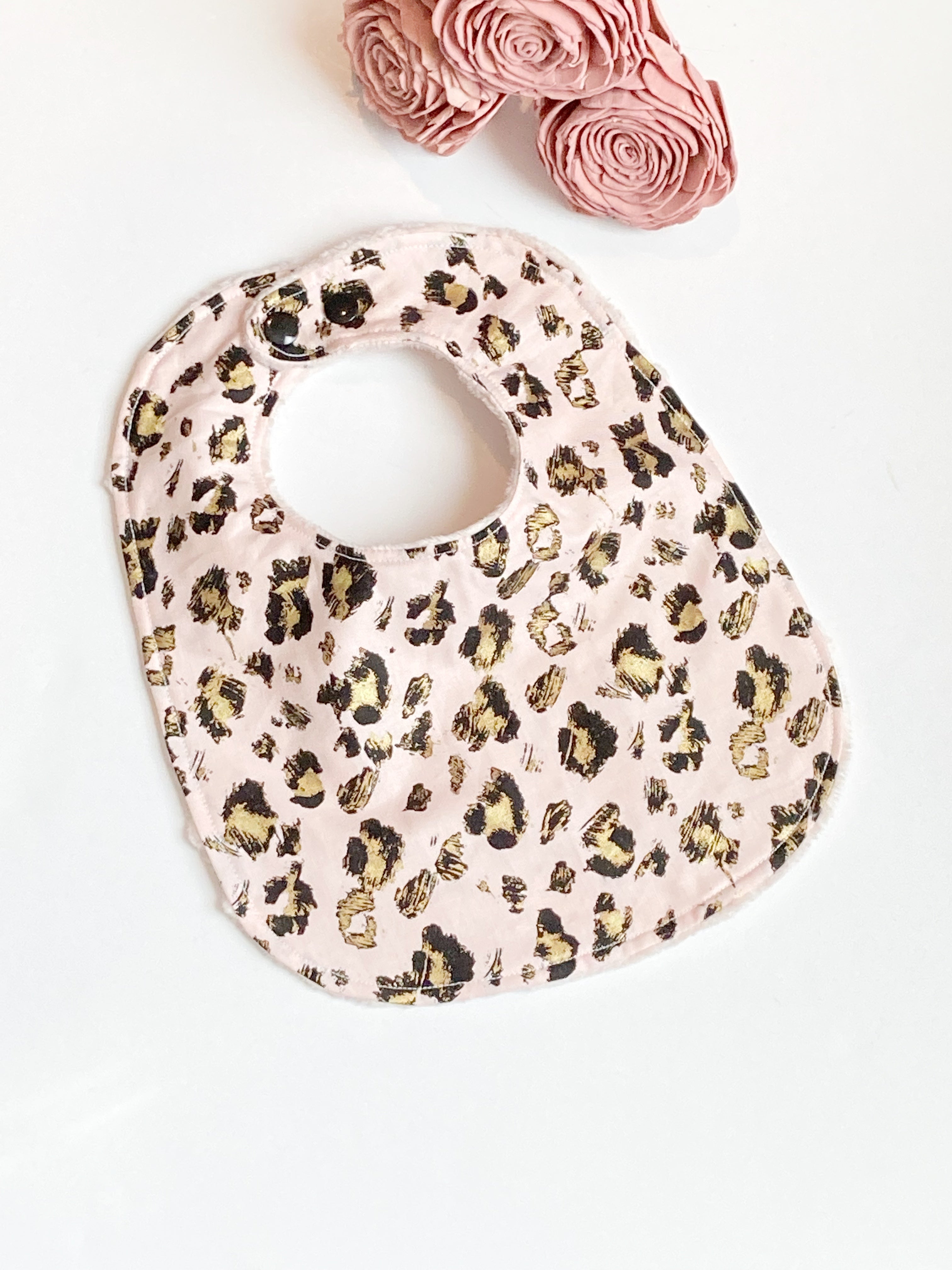 Baby fashion toddler Bib rose gold leopard, exotic animal Cotton print and blush pink minky Dot, baby girl shower gift, adjustable snaps
