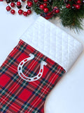 Horse Pony Christmas stocking choose horse print, Buffalo or red plaid, personalized stocking fully lined, embroidered horseshoe, 18”