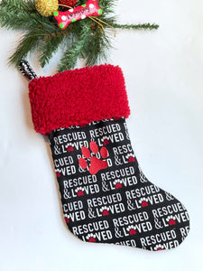 Rescue Pet Christmas stocking with personalize option,  black and white cat dog stocking fully lined, flannel embroidered paw add name 18”