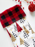 Christmas stocking/personalize option/Leopard buffalo plaid/modern style trees/buffalo plaid or leopard cuff/fully lined/16.5"