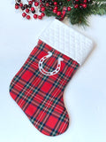 Horse Pony Christmas stocking choose horse print, Buffalo or red plaid, personalized stocking fully lined, embroidered horseshoe, 18”