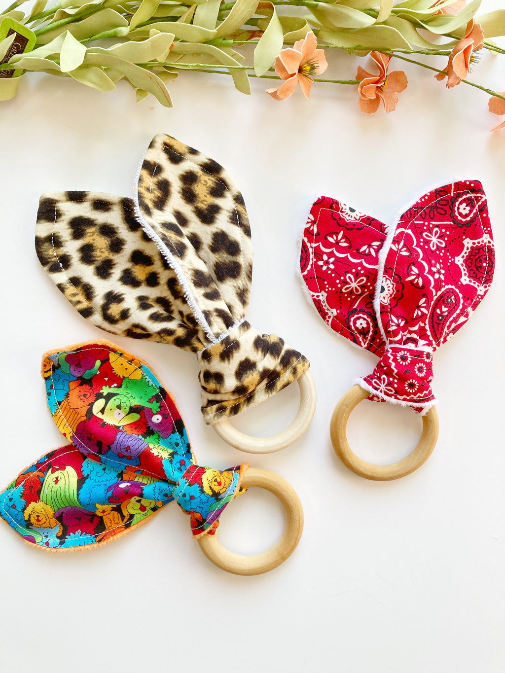 Baby bunny ear wooden ring teether with boho floral leopard Winnie the Pooh and more cotton fabric options with soft minky on reverse side, 2.75” baby safe wooden ring