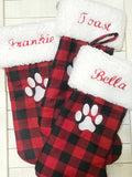 Personalized Pet Christmas stocking, buffalo plaid embroidered paw, dog cat horse, fur cuff and fully lined flannel stocking 18”