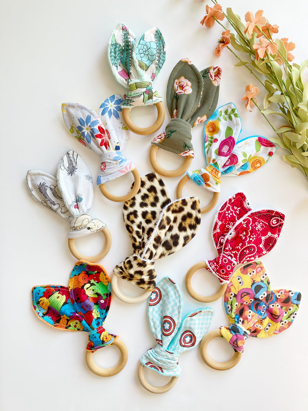 Baby bunny ear wooden ring teether with boho floral leopard Winnie the Pooh and more cotton fabric options with soft minky on reverse side, 2.75” baby safe wooden ring