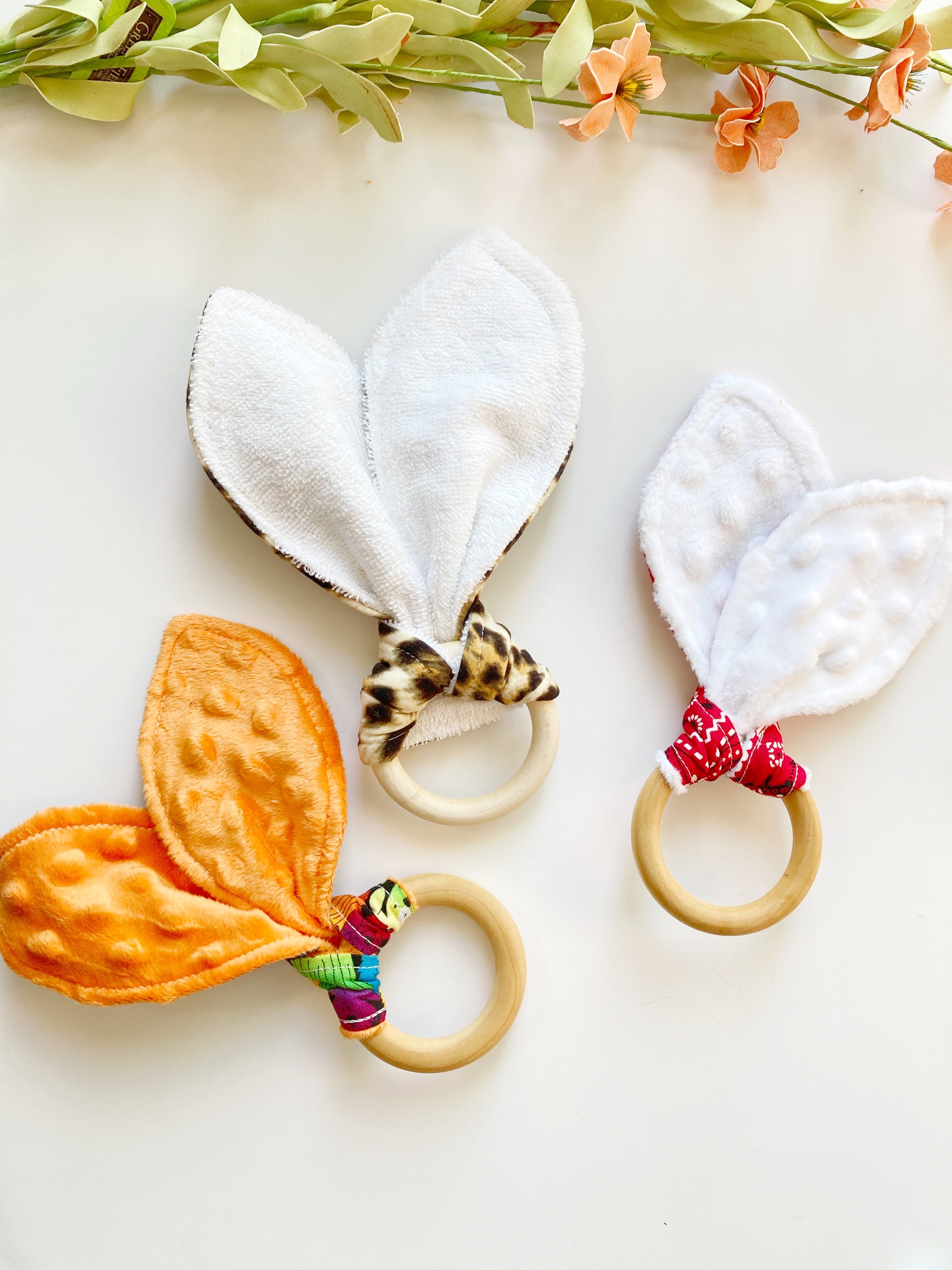 Baby bunny ear wooden ring teether with boho floral leopard Winnie the Pooh and more cotton fabric options with soft minky on reverse side, 2.75” baby safe wooden ring