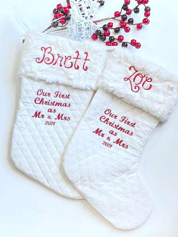 Our First Christmas as Mr and Mrs stocking, set of 2 personalize lined quilted and Minky, 18” heirloom wedding shower gift, newlywed gift