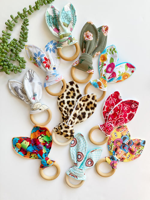 Baby bunny ear wooden ring teether with boho floral leopard Winnie the Pooh and more cotton fabric options with soft minky on reverse side, 2.75” baby safe wooden ring