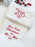 Our First Christmas as Mr and Mrs stocking, set of 2 personalize lined quilted and Minky, 18” heirloom wedding shower gift, newlywed gift