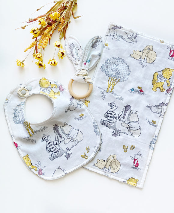 Baby toddler Bib & burp cloth teether | made from Winnie the Pooh fabric | gender neutral | Cotton and Minky | baby shower gift bundle