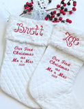 Our First Christmas as Mr and Mrs stocking, set of 2 personalize lined quilted and Minky, 18” heirloom wedding shower gift, newlywed gift