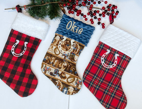 Horse Pony Christmas stocking choose horse print, Buffalo or red plaid, personalized stocking fully lined, embroidered horseshoe, 18”