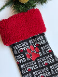 Rescue Pet Christmas stocking with personalize option,  black and white cat dog stocking fully lined, flannel embroidered paw add name 18”