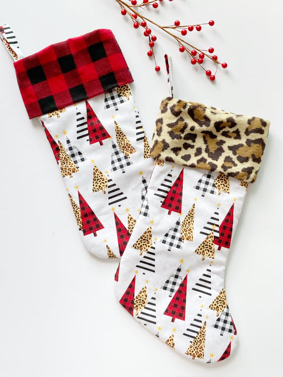 Christmas stocking/personalize option/Leopard buffalo plaid/modern style trees/buffalo plaid or leopard cuff/fully lined/16.5