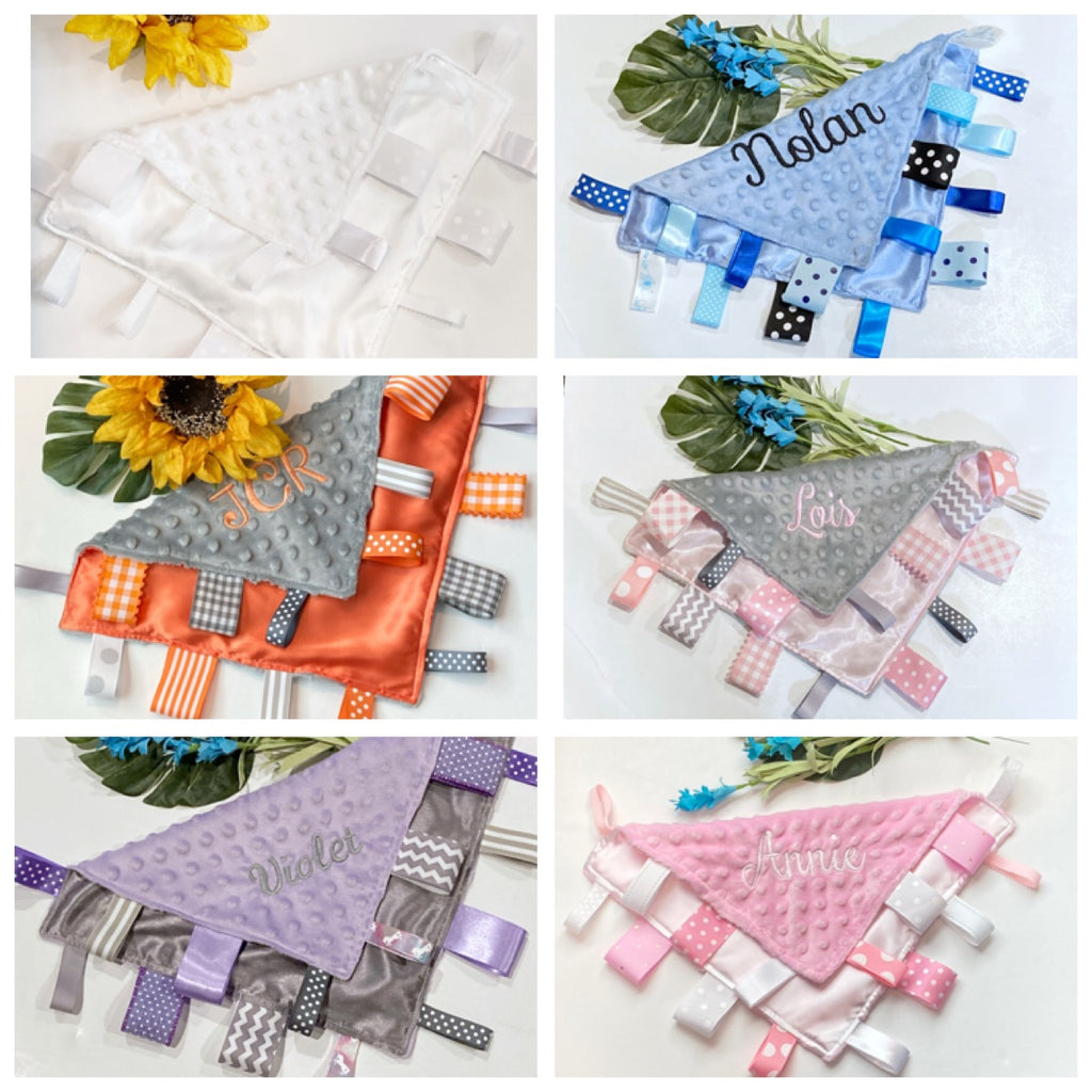 Satin and minky ribbon tag lovey Blanket, choose satin and minky colors, baby shower, birthday or christening  gift for girl or boy sensory toy 12”