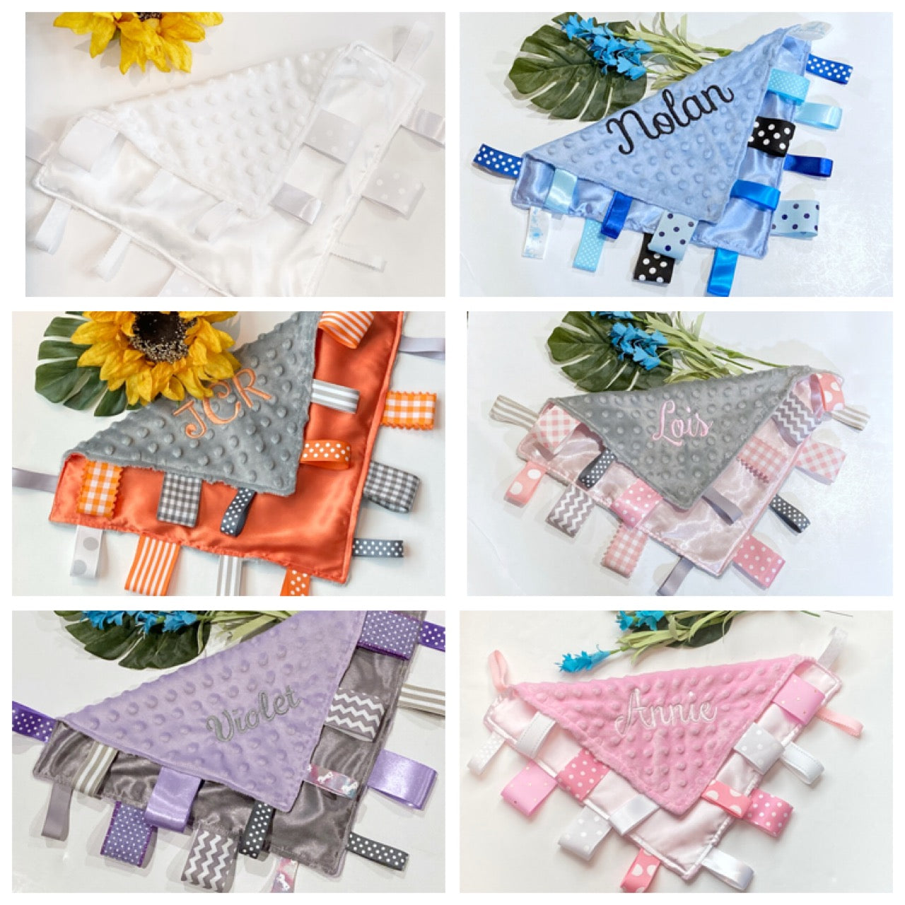 Satin and minky ribbon tag lovey Blanket, choose satin and minky colors, baby shower, birthday or christening  gift for girl or boy sensory toy 12”
