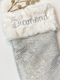 Personalized bling sequin Christmas stocking for child to adult, or pet, luxe fur cuff and fully lined, silver red blue black