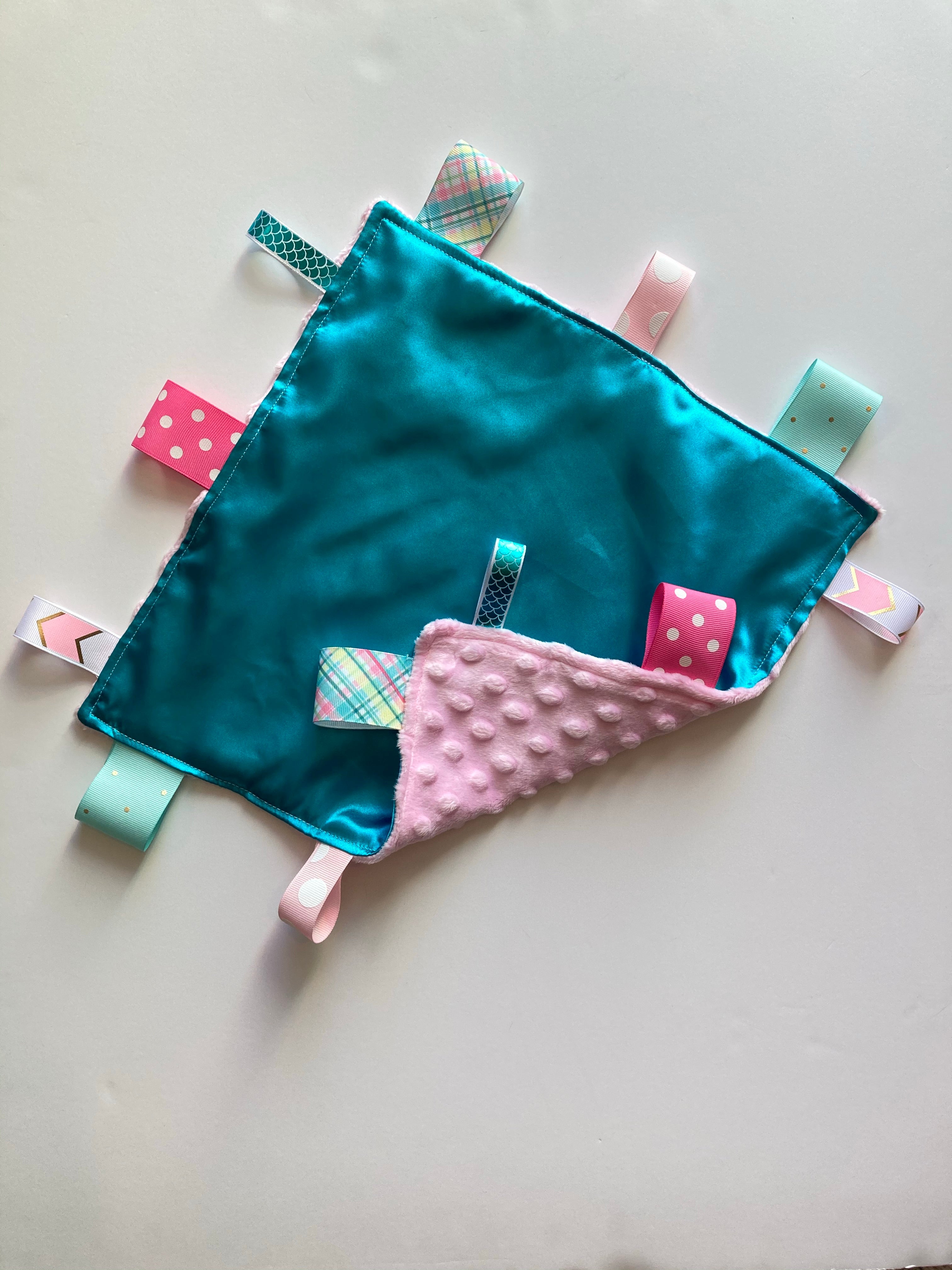 Satin and minky sensory 12" lovey with ribbon tags for sensory comfort or toy, baby shower gift or for all ages, elders and special needs, choose colors