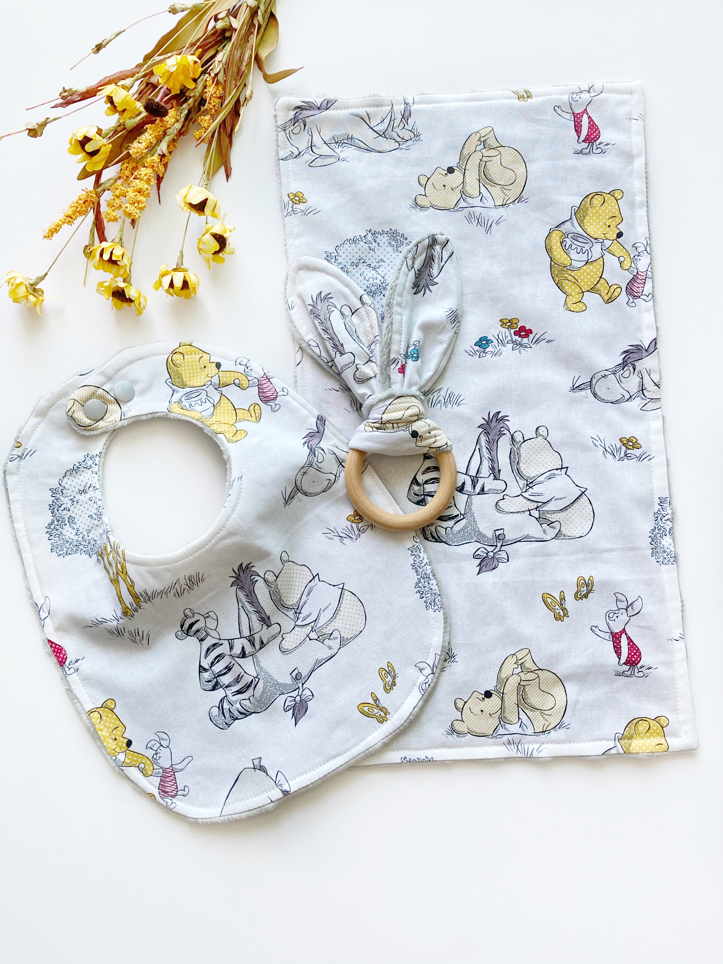 Baby toddler Bib & burp cloth teether | made from Winnie the Pooh fabric | gender neutral | Cotton and Minky | baby shower gift bundle