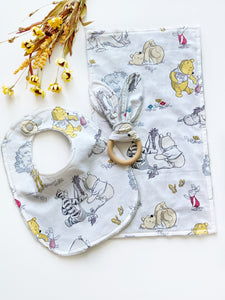 Baby toddler Bib & burp cloth teether | made from Winnie the Pooh fabric | gender neutral | Cotton and Minky | baby shower gift bundle