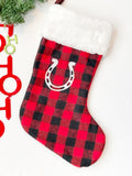 Horse Pony Christmas stocking choose horse print, Buffalo or red plaid, personalized stocking fully lined, embroidered horseshoe, 18”