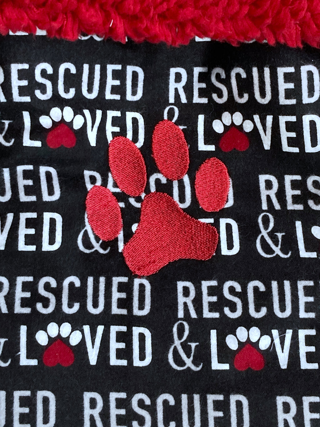 Rescue Pet Christmas stocking with personalize option,  black and white cat dog stocking fully lined, flannel embroidered paw add name 18”