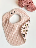 Baby fashion toddler Bib rose gold leopard, exotic animal Cotton print and blush pink minky Dot, baby girl shower gift, adjustable snaps