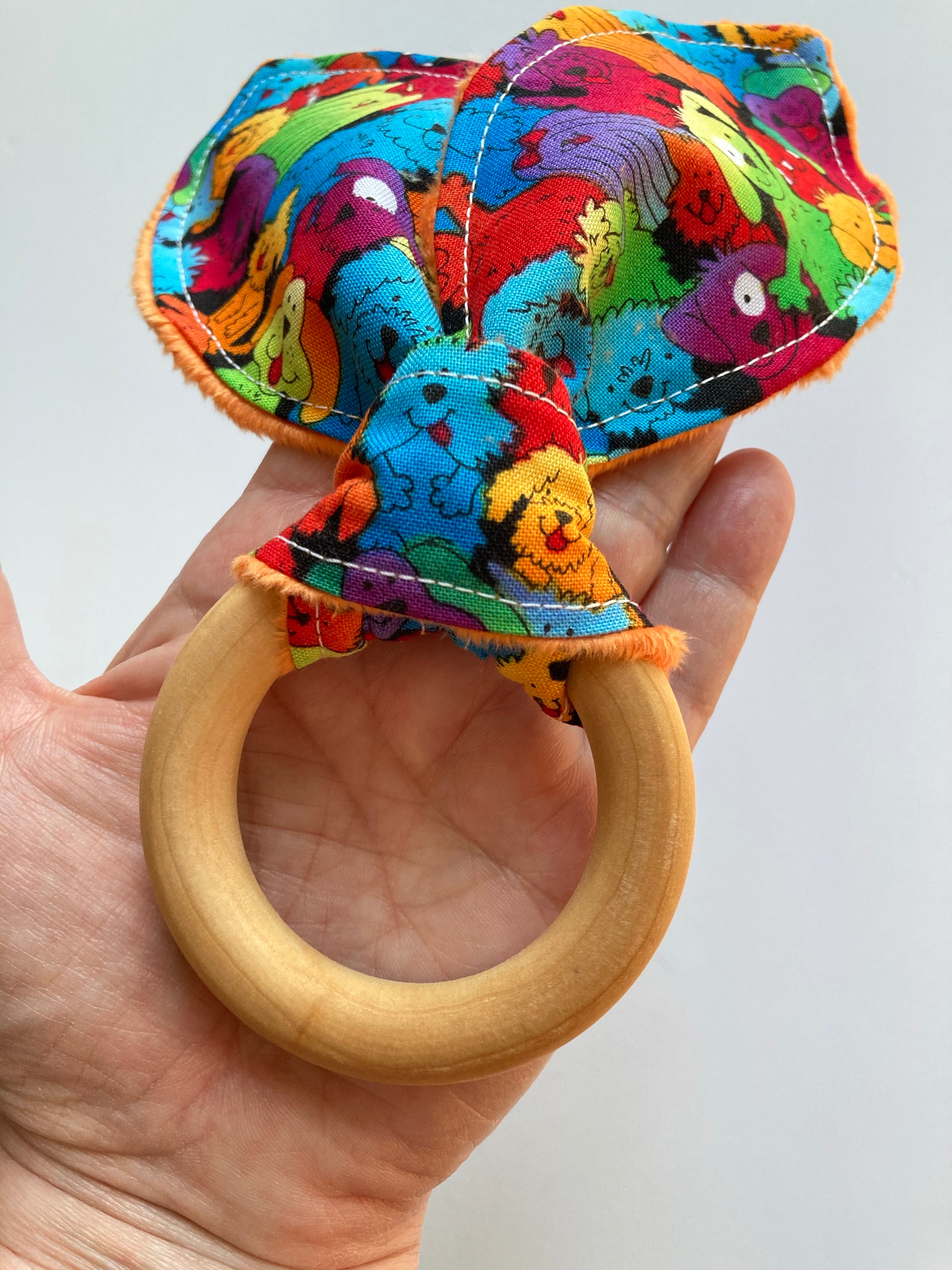 Baby bunny ear wooden ring teether with boho floral leopard Winnie the Pooh and more cotton fabric options with soft minky on reverse side, 2.75” baby safe wooden ring